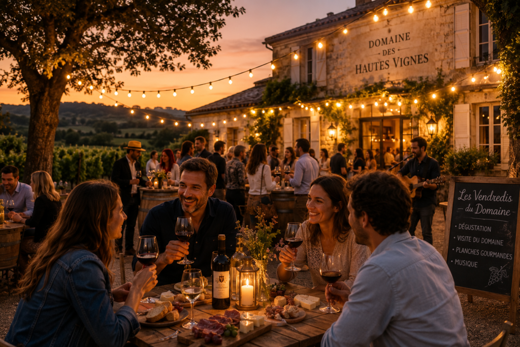 Soirée conviviale au Domaine des Hautes Vignes au crépuscule